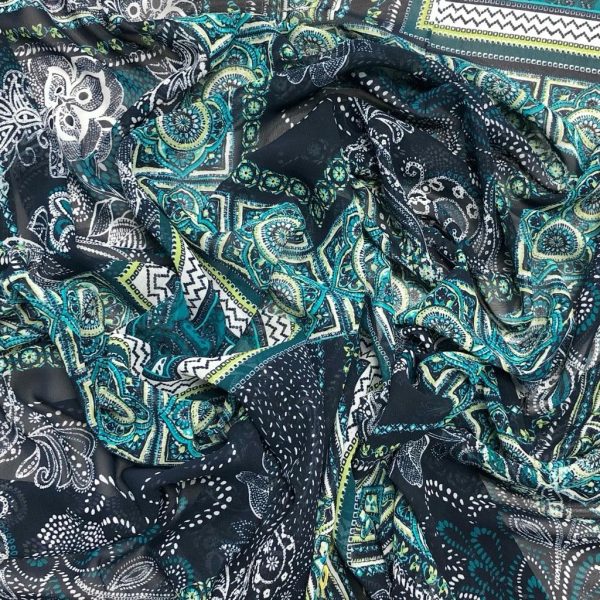 Teal Floral Tiles Chiffon Fabric