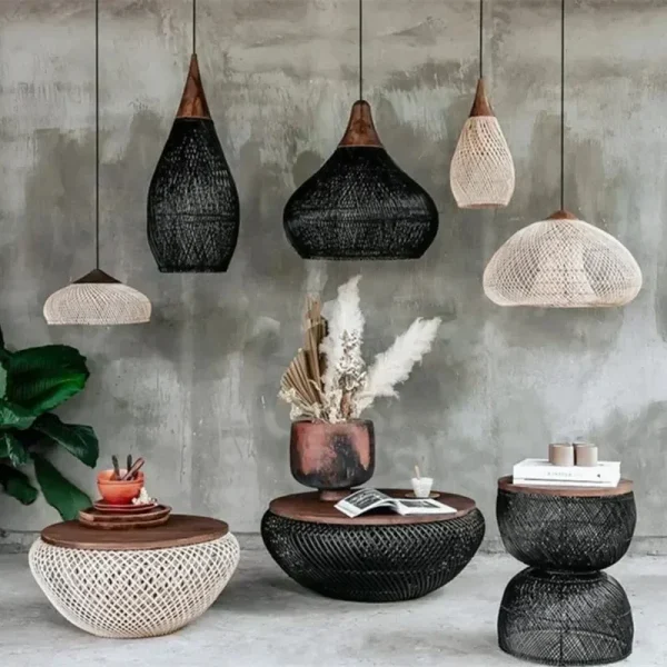 Hot Sales Black Handmade Woven Natural Rattan Pendant Lamp Kitchen Island Loft Bedroom Led Chandelier Indoor Decorative Lights - Image 4