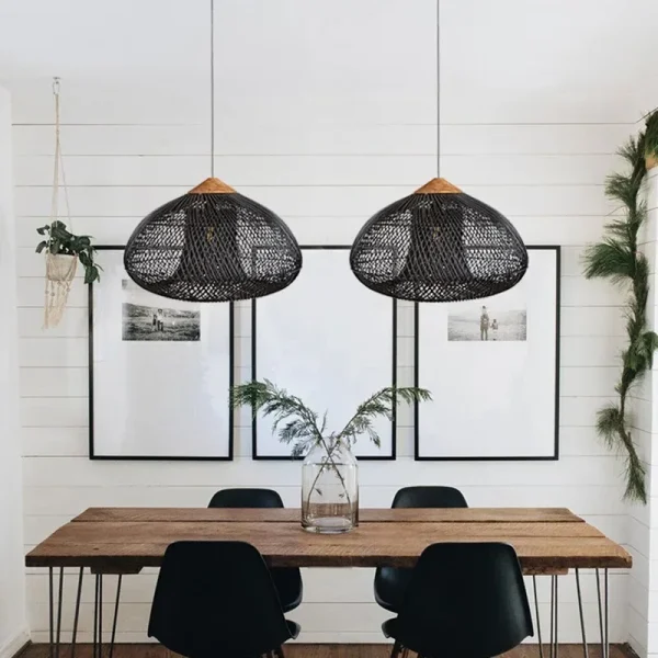 Hot Sales Black Handmade Woven Natural Rattan Pendant Lamp Kitchen Island Loft Bedroom Led Chandelier Indoor Decorative Lights